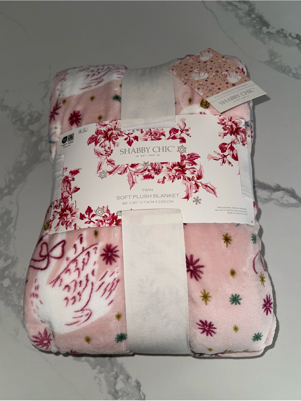 Shabby Chic Christmas Swan Pink Plush Blanket Floral Candy Canes Bows NEW